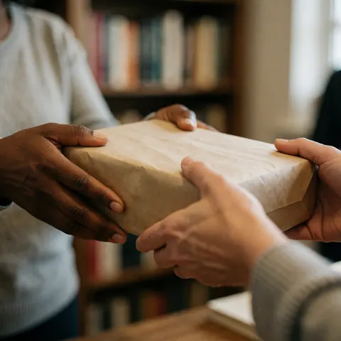 Des mains tenant un paquet enveloppé dans du papier kraft, évoquant la remise de livres dans une librairie à l'atmosphère chaleureuse et accueillante.