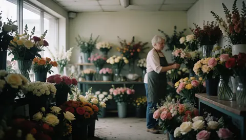 Une fleuriste travaille au milieu d'arrangements floraux colorés dans une boutique aux tons chauds, créant une ambiance professionnelle et apaisante.