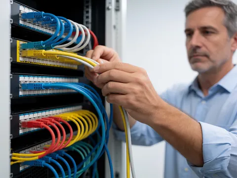 Un technicien informatique raccorde des câbles colorés sur un patch panel organisé dans un rack de serveurs, illustrant une infrastructure réseau professionnelle et propre.