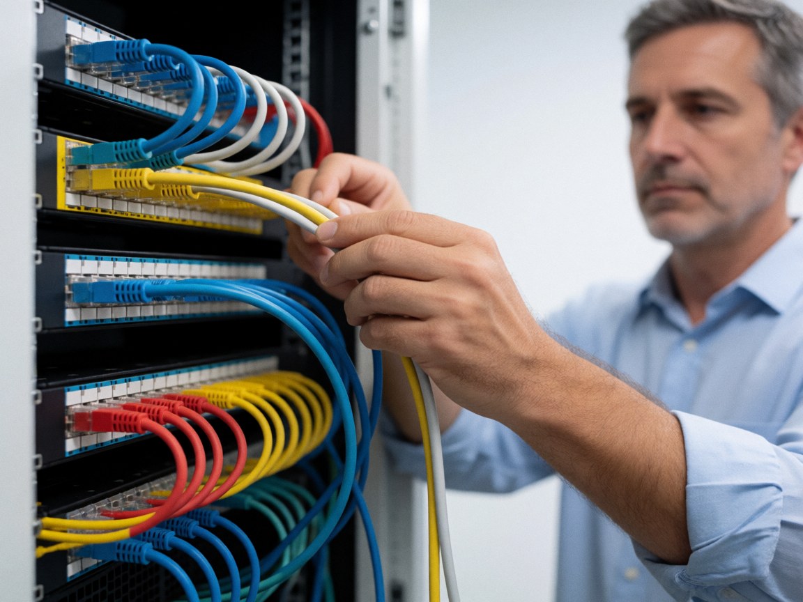 Un technicien informatique raccorde des câbles colorés sur un patch panel organisé dans un rack de serveurs, illustrant une infrastructure réseau professionnelle et propre.