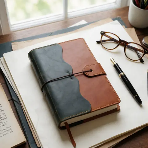 Un cahier à la couverture en cuir posé sur une table de travail baignée de lumière naturelle, accompagné d'un stylo vintage et de lunettes de lecture.