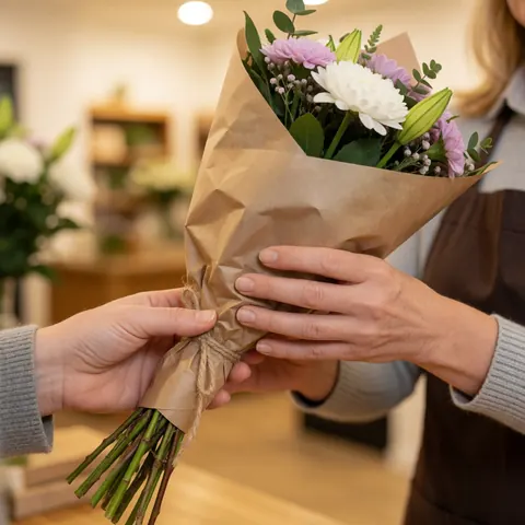 Des mains tendent un bouquet enveloppé de papier kraft dans une fleuristerie à l'ambiance chaleureuse.