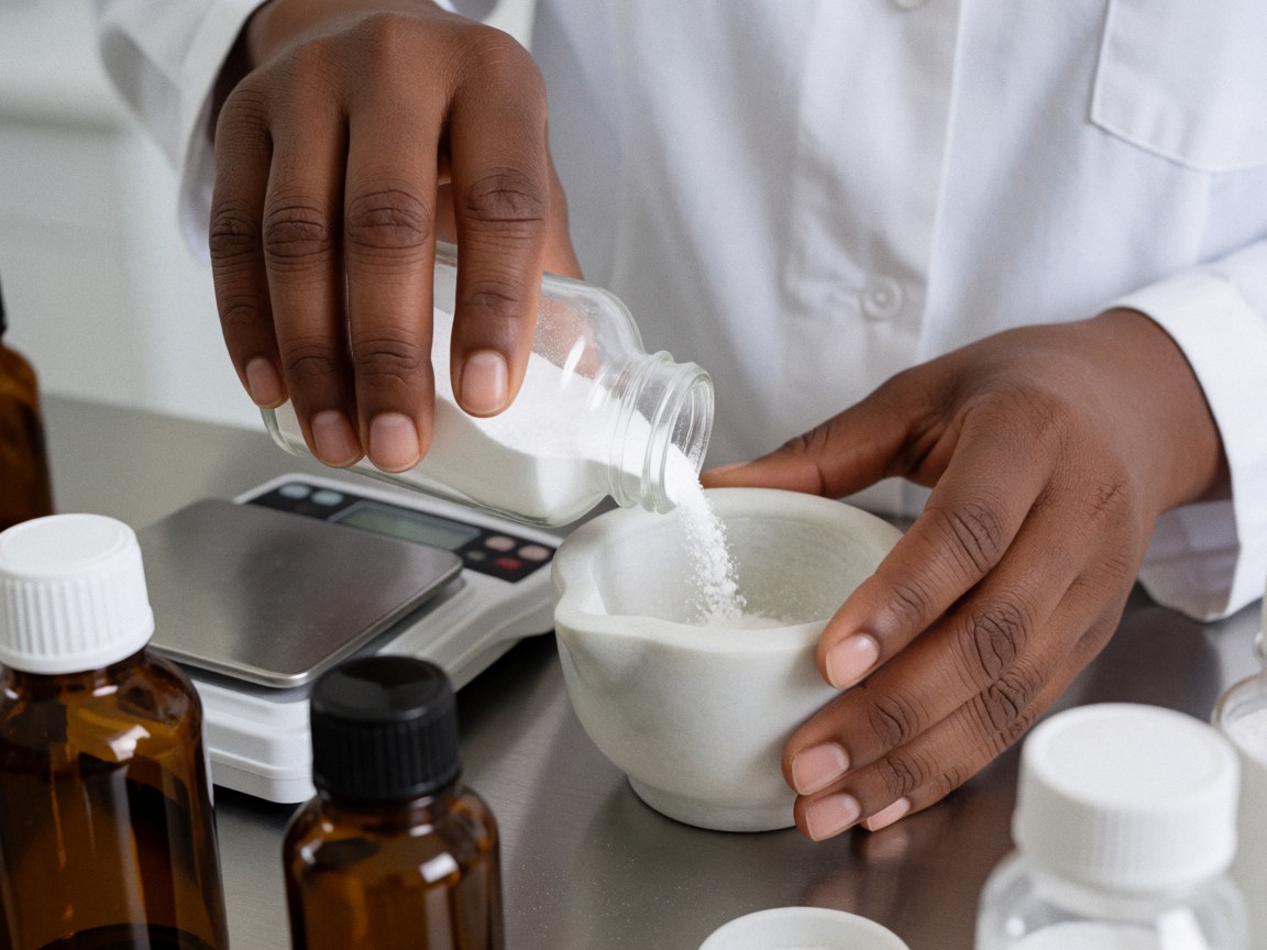 Une main compose un remède dans un mortier avec des bouteilles, une balance et des outils en acier sur fond blanc.