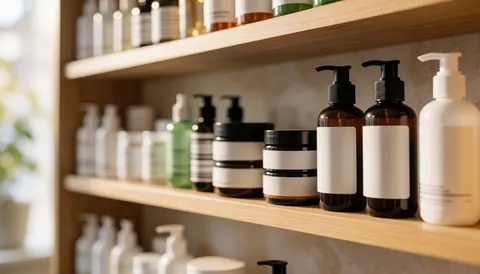 Des étagères en bois avec des pots et des jarres de soins de la peau sur un fond flou pour ajouter du texte.