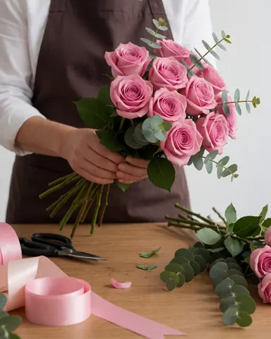 Mains de floriste professionnel composant un bouquet de roses et d'eucalyptus sur une table en bois, avec ruban et ciseaux à côté.
