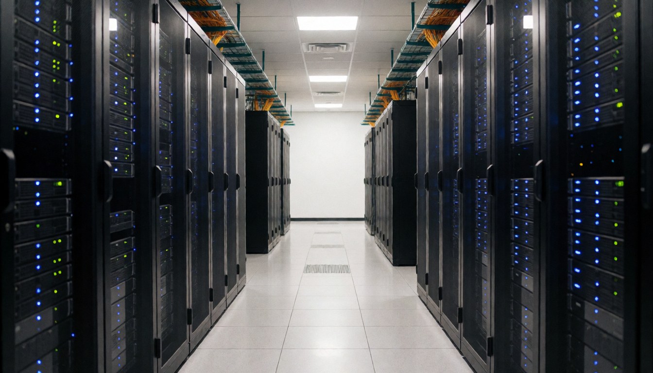 Allée entre des rangées de serveurs avec éclairage bleu, plafond avec câblage visible et sol poli reflétant la lumière.