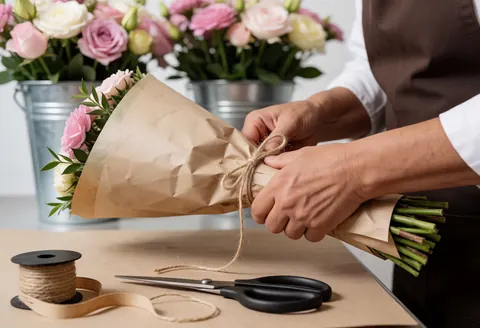Un floriste enveloppe un bouquet de roses avec du papier kraft et de la ficelle de jute. Des ciseaux et une bobine de corde sont sur la table, avec des fleurs en arrière-plan.