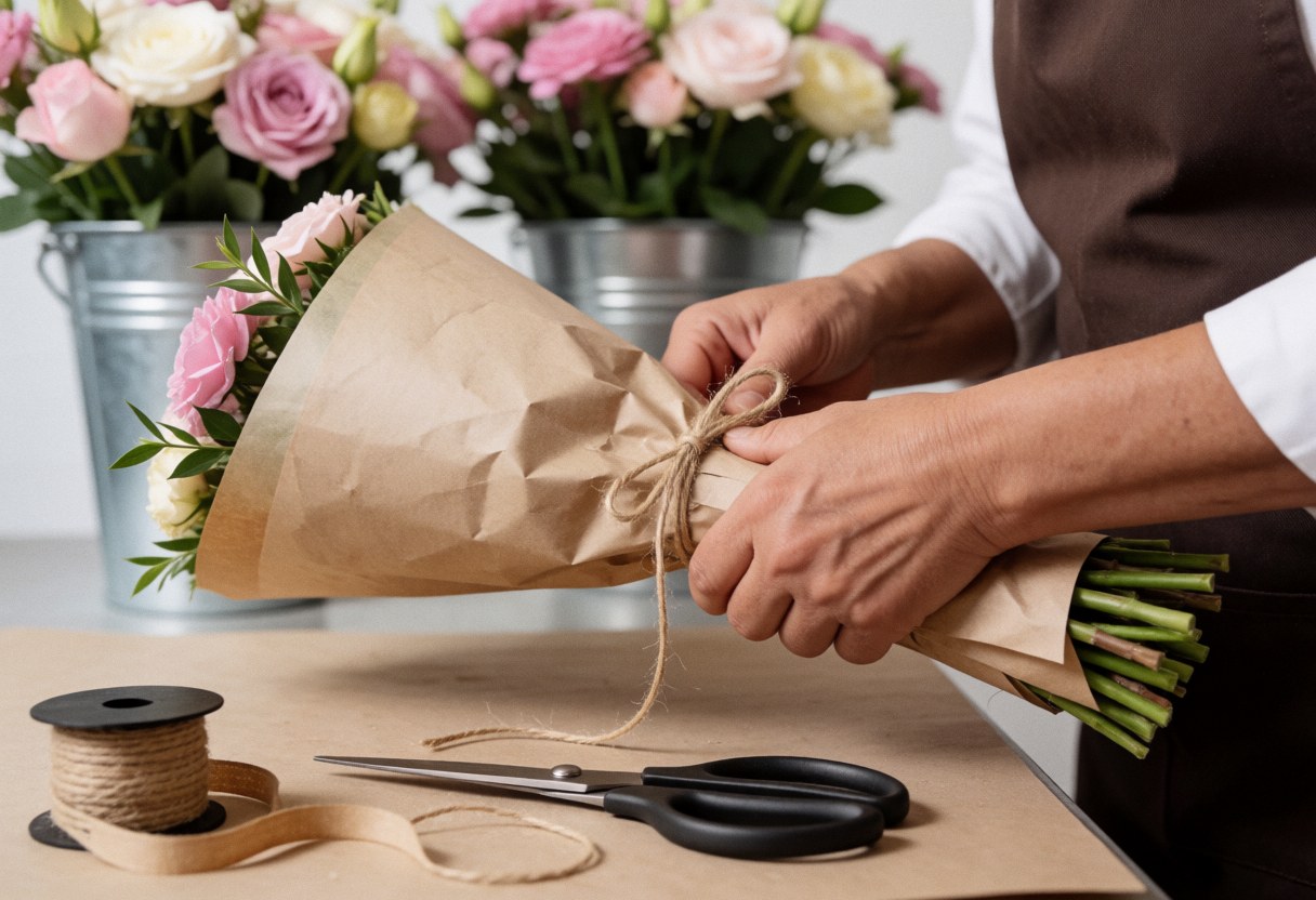 Un floriste enveloppe un bouquet de roses avec du papier kraft et de la ficelle de jute. Des ciseaux et une bobine de corde sont sur la table, avec des fleurs en arrière-plan.