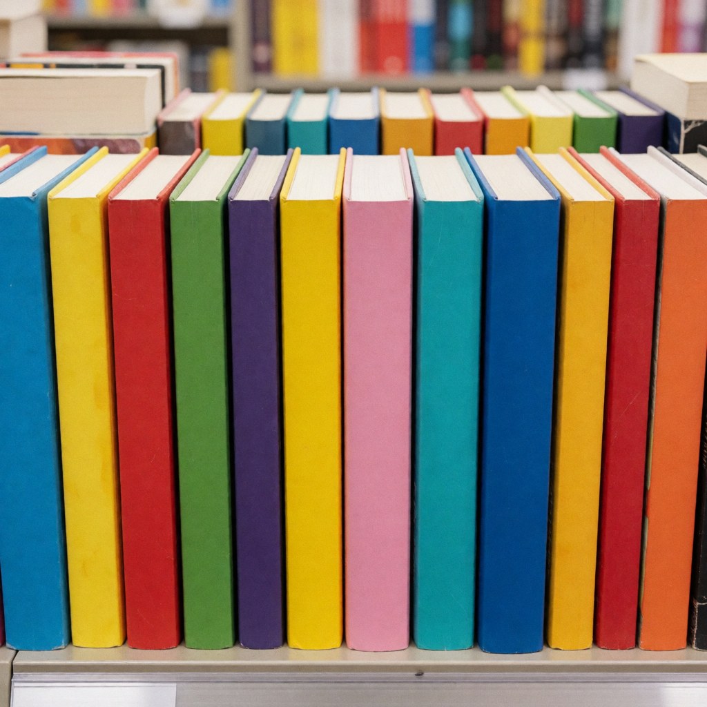 Livres à couverture souple aux couleurs vives rangés sur une étagère, éclairage clair et net pour promouvoir une librairie.