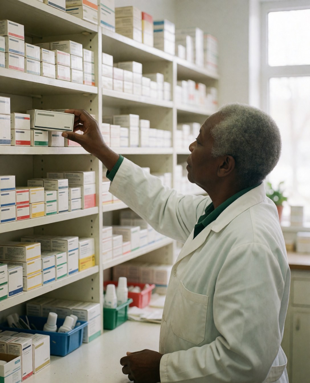 Un pharmacien se concentrant sur la recherche d'un produit spécifique dans les rayons de la pharmacie.