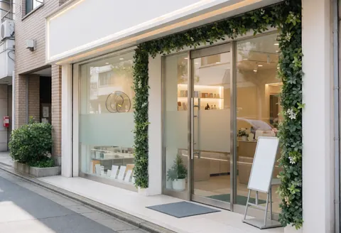 Façade d'une clinique de beauté avec une entrée en verre, des cadres végétaux et un intérieur lumineux et accueillant visible depuis la rue.
