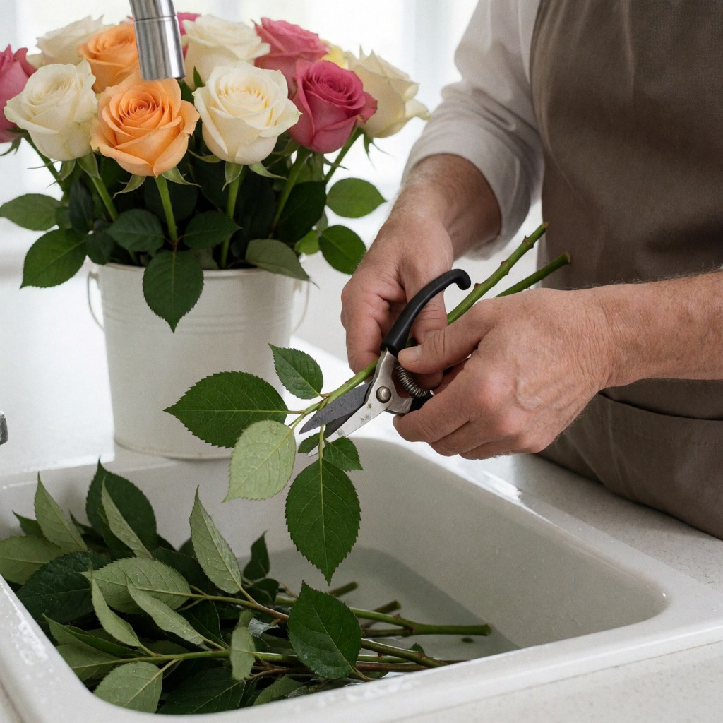 Mains de floriste utilisant des ciseaux pour couper des tiges de roses au-dessus d'un évier propre, avec des feuilles vertes, des gouttes d'eau et un seau de roses fraîches.