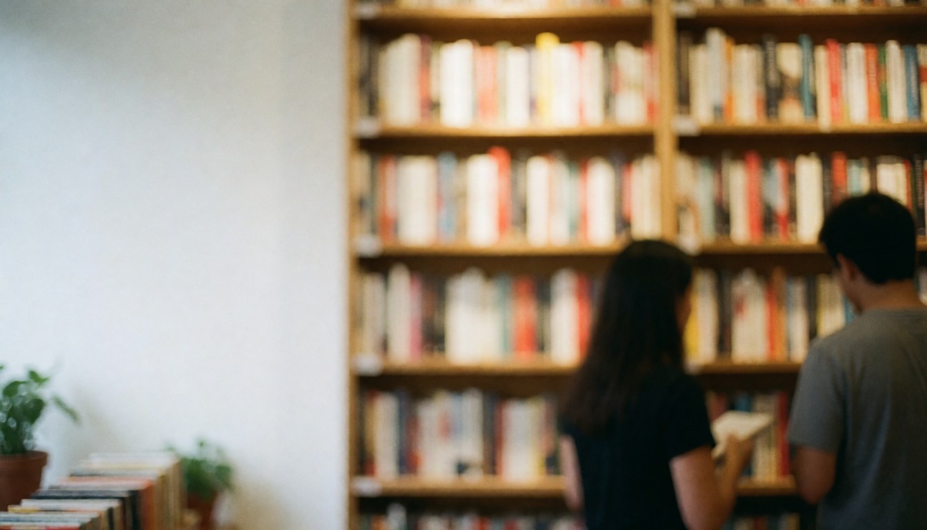Vue floue de l'intérieur d'une librairie avec des étagères en bois remplies de livres, créant un arrière-plan calme et élégant pour du texte.