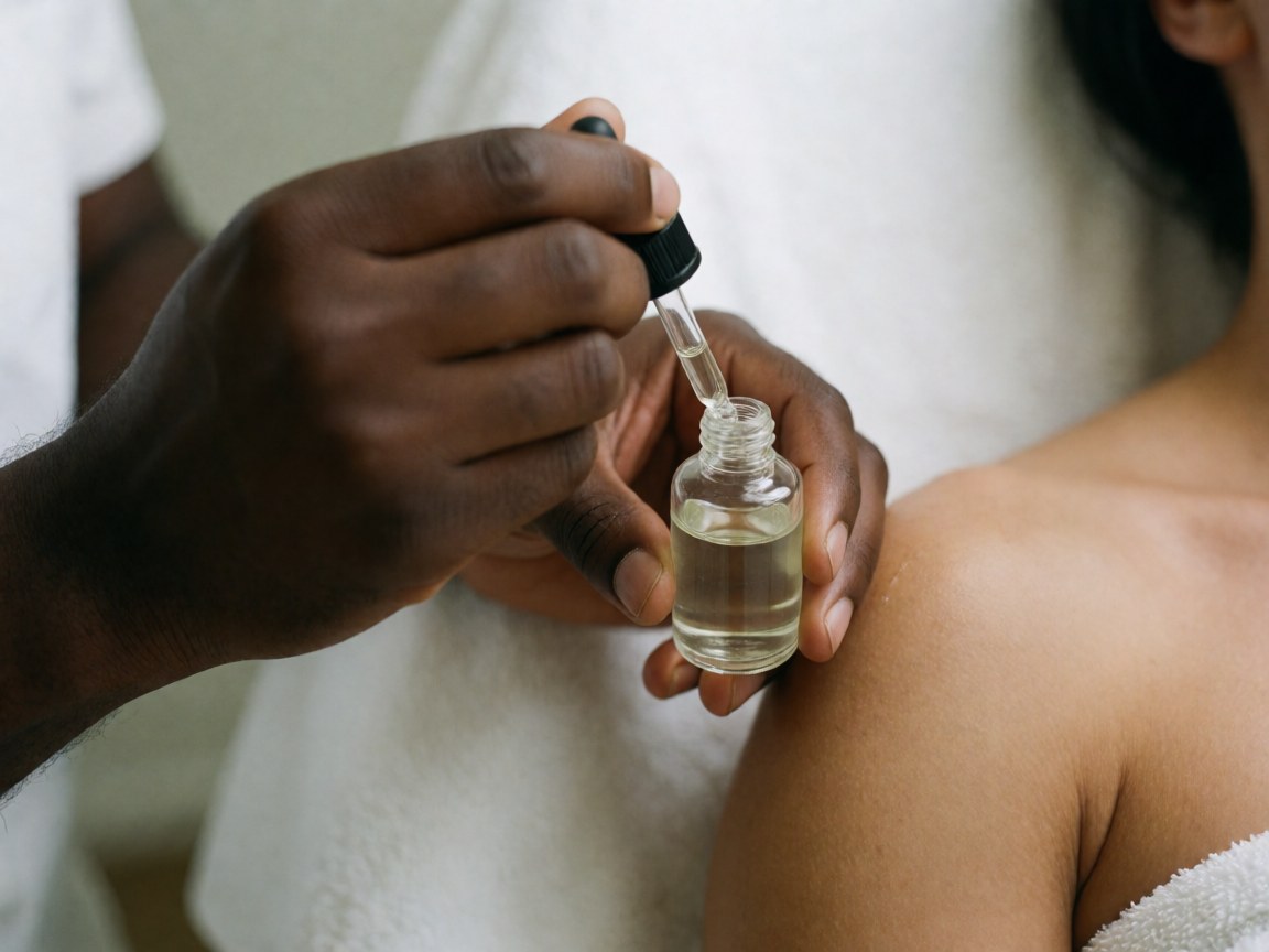 Une main professionnelle applique un sérum à l'aide d'un compte-gouttes sur l'épaule d'un client, sur fond blanc avec une lumière naturelle mettant en valeur le produit de soin.