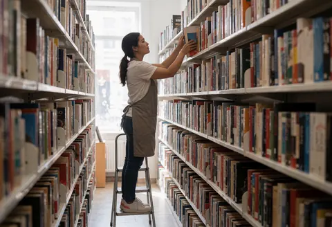 Une femme portant un tablier range des livres sur une grande étagère dans une librairie, utilisant une échelle pour atteindre les rayons supérieurs.