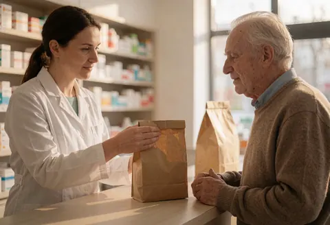 Une pharmacienne tend une pochette contenant des médicaments à un senior dans une pharmacie bien éclairée avec des rayonnages en arrière-plan.
