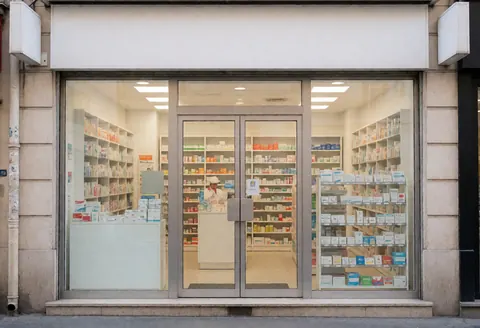 Vue extérieure d'une pharmacie avec sa vitrine et ses portes vitrées, intérieur lumineux montrant des étagères de médicaments et un employé au comptoir.