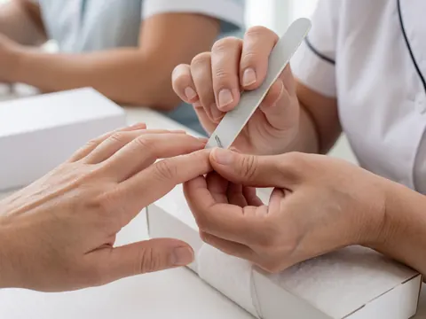 Manuciste professionnel utilisant une lime sur les ongles d'un client. Gros plan sur les mains, détail du travail, éclairage réaliste et lumineux sur la table.