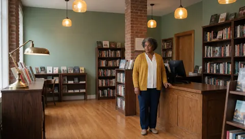 Vue intérieure d'une librairie aux murs verts et au sol en bois. Des étagères remplies de livres bordent les murs. Une femme se tient debout près du comptoir dans une ambiance calme et éclairage chaleureux.