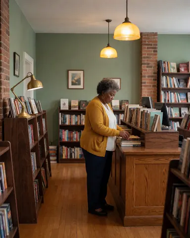Une femme range des livres dans une librairie aux murs verts et au sol en bois, éclairée par une lampe de lecture posée sur les étagères sombres.
