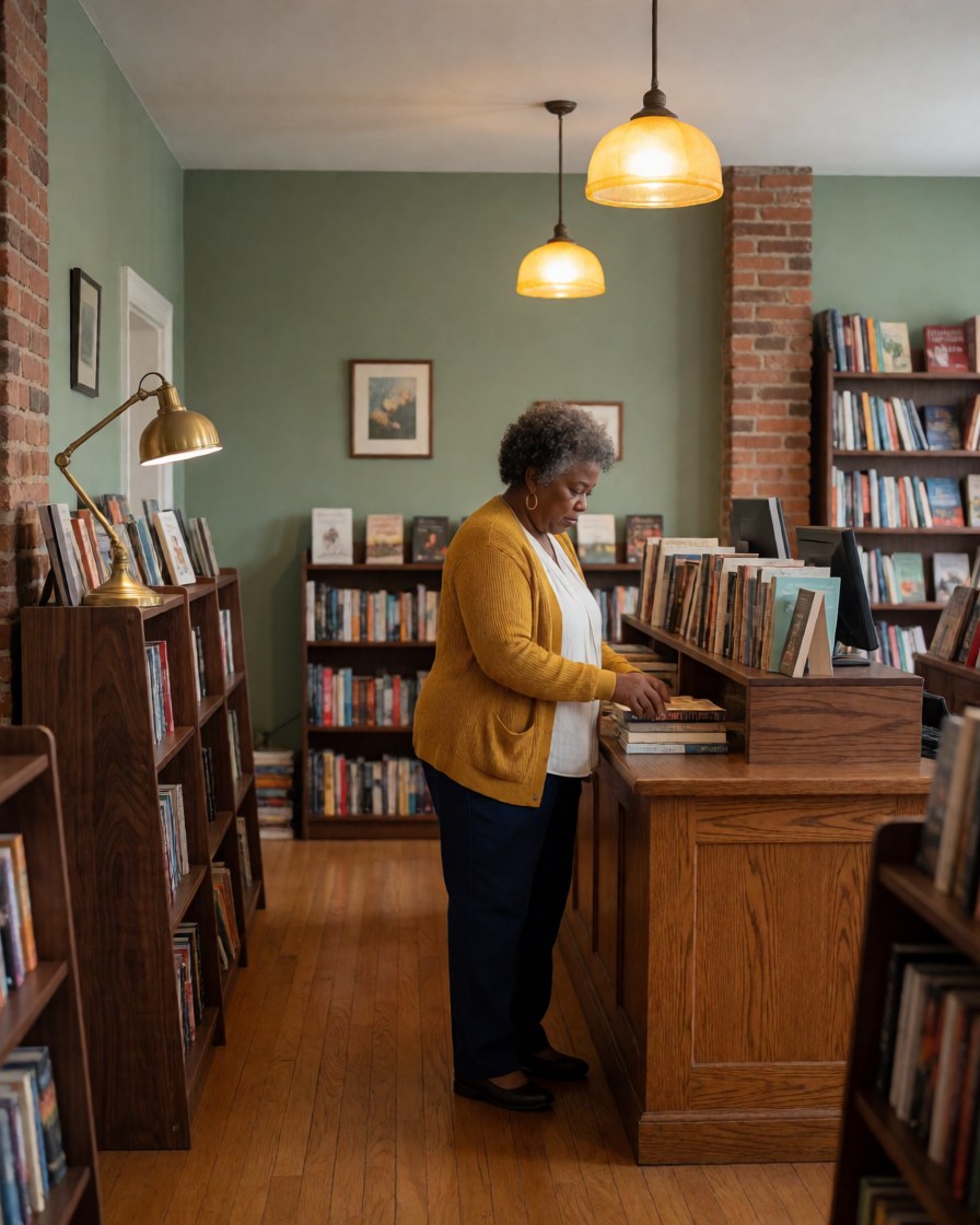 Une femme range des livres dans une librairie aux murs verts et au sol en bois, éclairée par une lampe de lecture posée sur les étagères sombres.