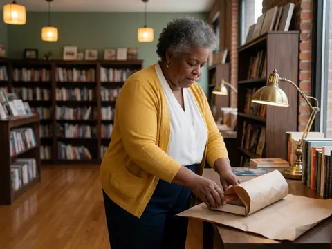 Une femme enveloppe soigneusement un livre avec du papier marron dans une librairie chaleureuse aux étagères et à l'éclairage doux.