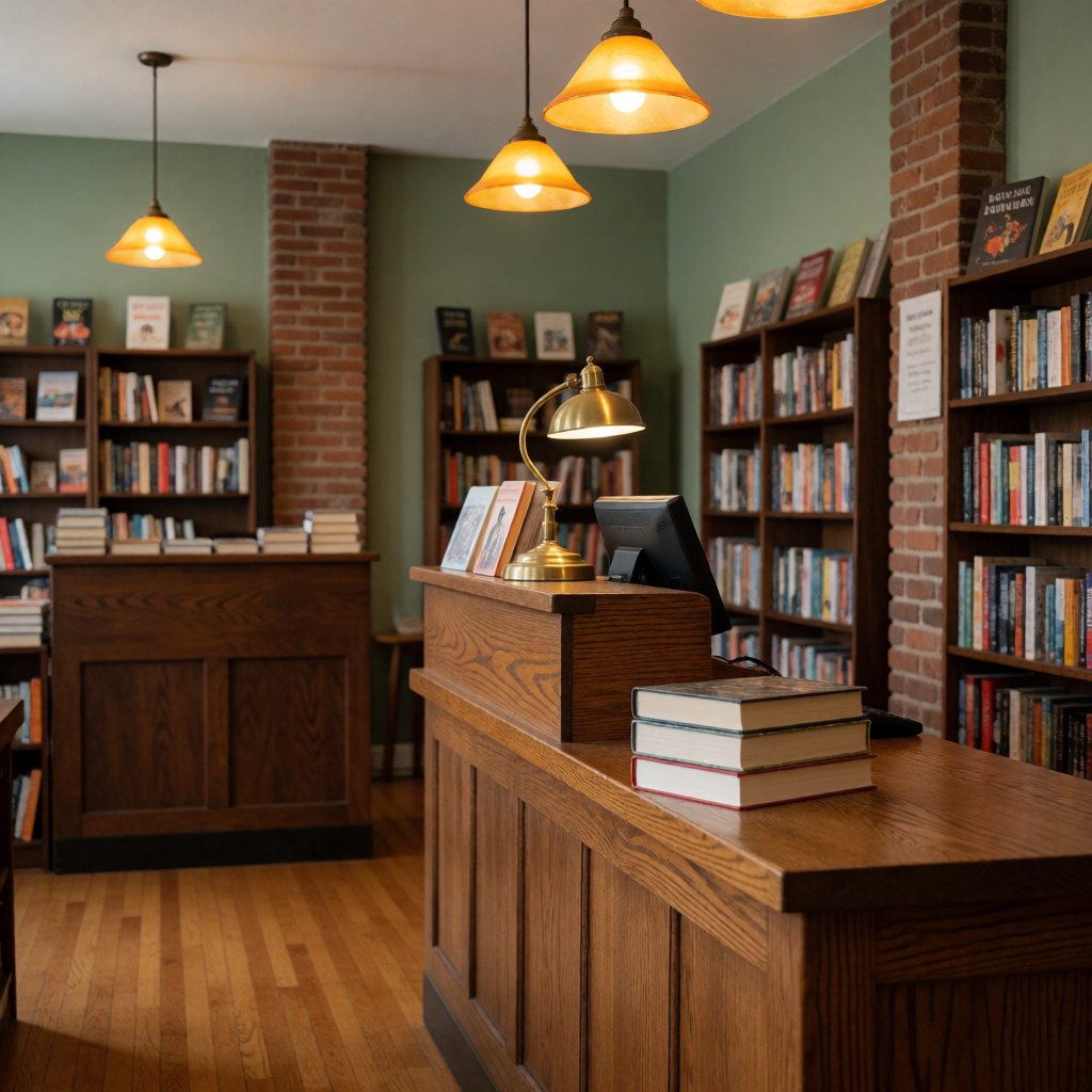 Intérieur chaleureux d'une librairie avec un comptoir en bois, des étagères remplies de livres, des lampes suspendues et des murs verts.