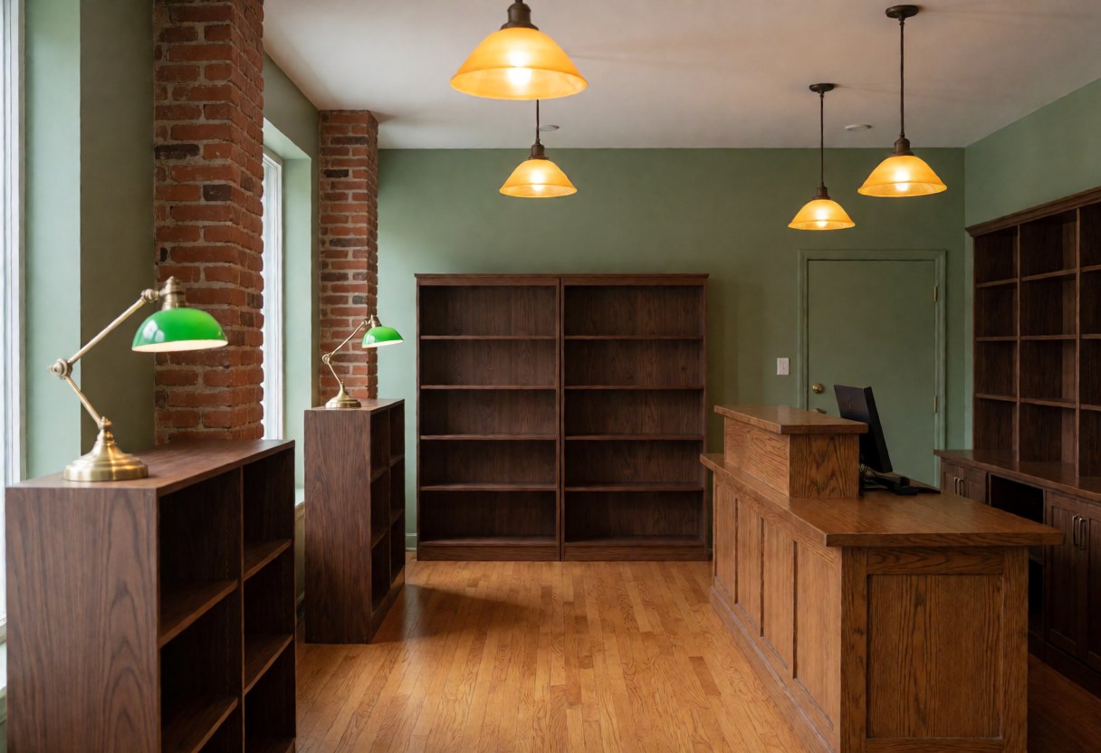 Vue intérieure d'une librairie aux murs verts et au sol en bois, équipée d'étagères en noyer, d'un comptoir en acajou, de suspensions et de lampes vintage.