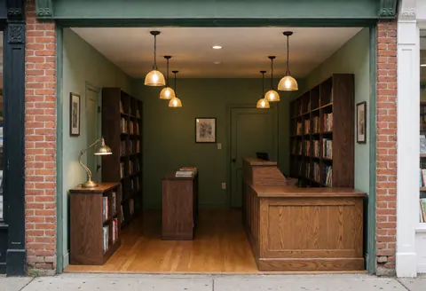Façade d'une librairie indépendante aux murs verts et au sol en bois. Étagères en bois sombre, comptoir et murs de briques. Ambiance chaleureuse et accueillante.