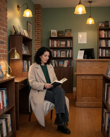 Une cliente assise lit tranquillement un livre dans une librairie calme.