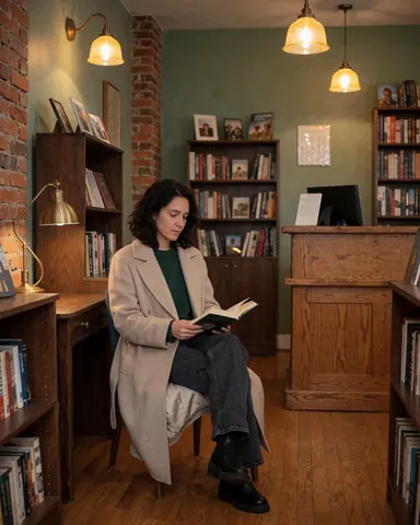 Une cliente assise lit tranquillement un livre dans une librairie calme.