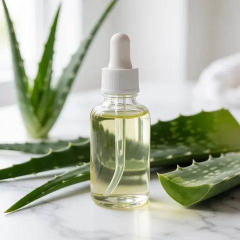 Bouteille de sérum facial bio avec pipette, entourée de feuilles d'aloe vera frais sur une surface en marbre blanc, éclairage naturel et propre.