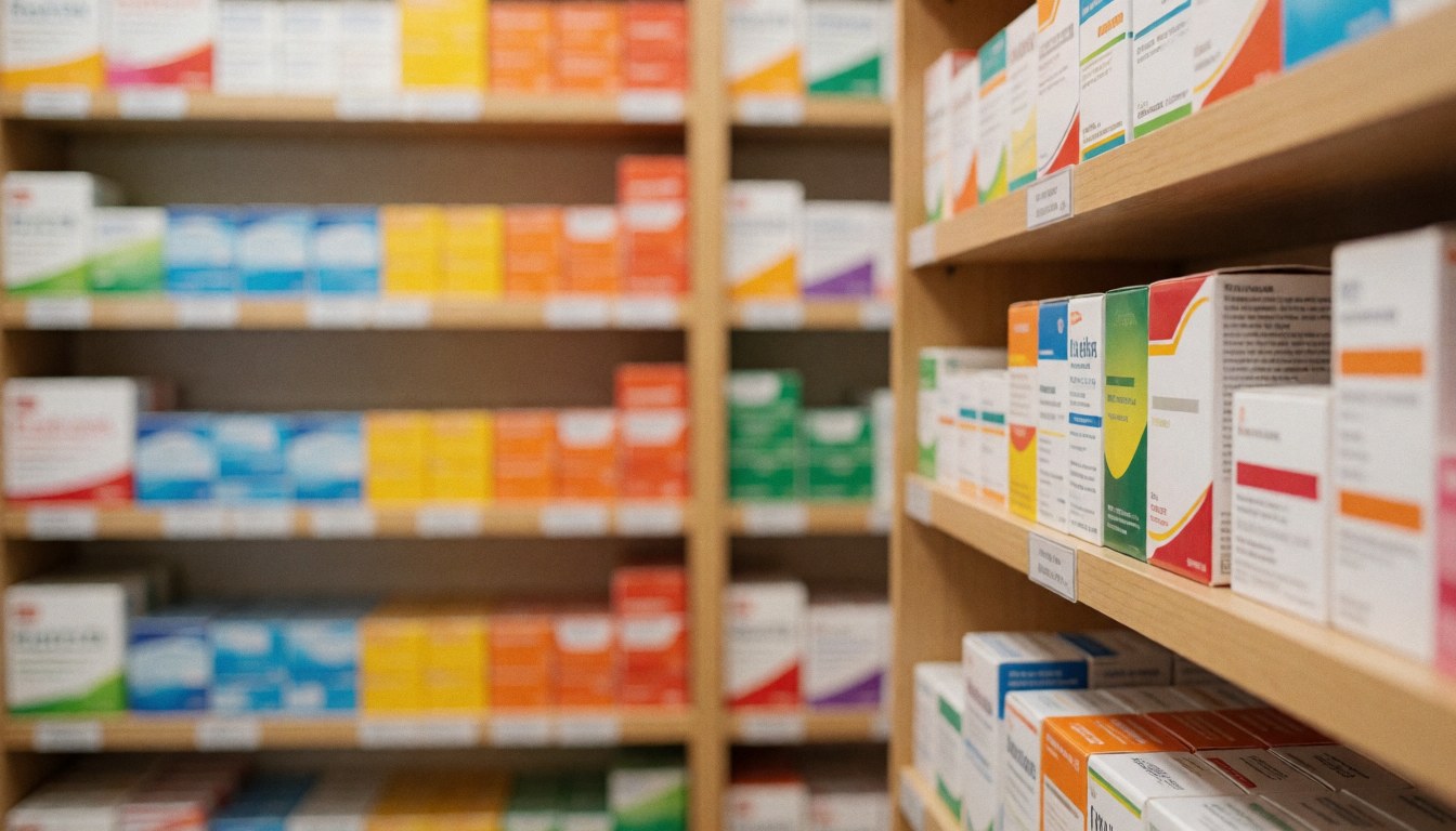 Fond de pharmacie avec des étagères remplies de boîtes de médicaments colorées, flou doux pour le texte, ambiance chaleureuse et professionnelle.