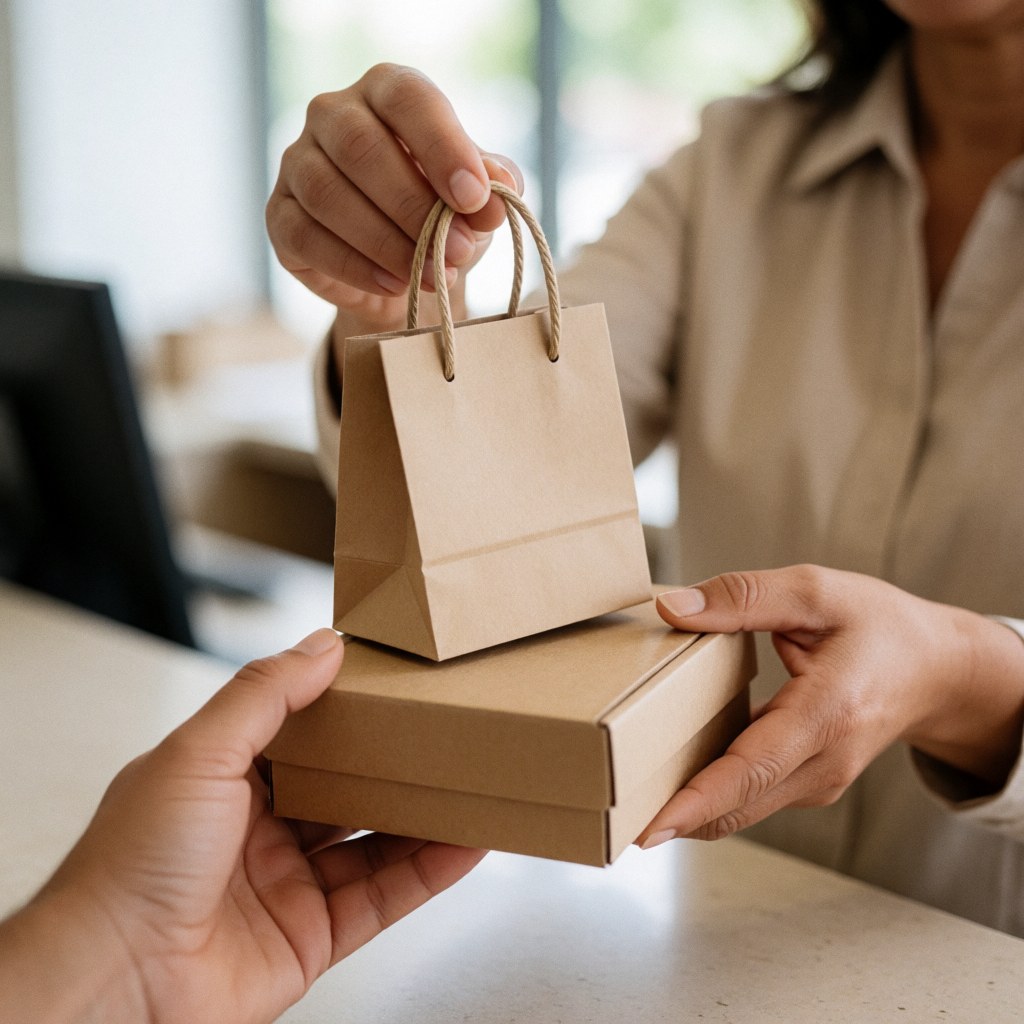 Gros plan sur des mains qui tendent un sac d'achat vers un client dans le cadre d'une transaction commerciale.