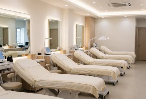 Intérieur d'une clinique esthétique vide, équipée de lits de traitement, de miroirs et d'un éclairage doux, offrant un environnement propre et professionnel.