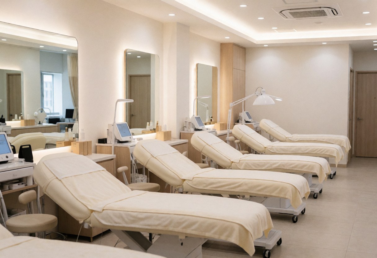 Intérieur d'une clinique esthétique vide, équipée de lits de traitement, de miroirs et d'un éclairage doux, offrant un environnement propre et professionnel.