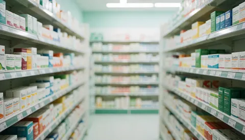 Vue floue d'une pharmacie moderne servant d'arrière-plan, mettant en évidence des étagères remplies de produits de santé et des couleurs douces pour un texte.