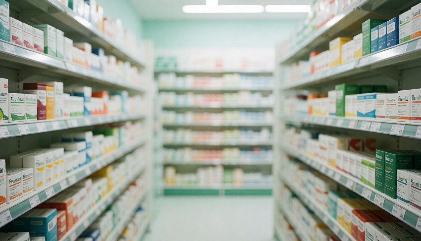 Vue floue d'une pharmacie moderne servant d'arrière-plan, mettant en évidence des étagères remplies de produits de santé et des couleurs douces pour un texte.
