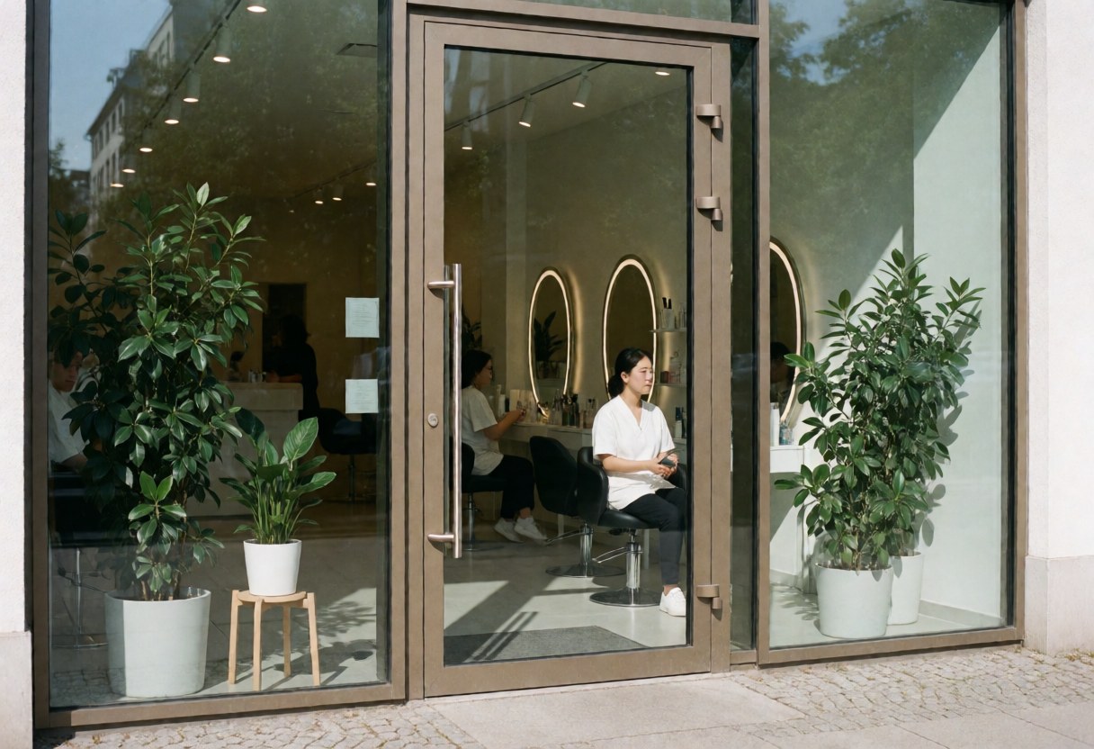 Façade en verre d'un salon de beauté contemporain, plantes vertes et esthéticienne travaillant à l'intérieur dans un cadre lumineux et professionnel.