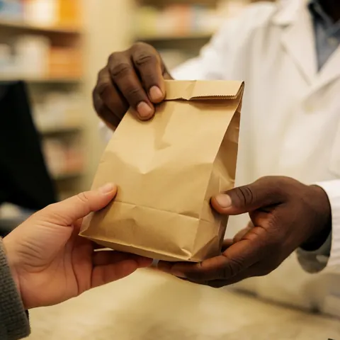 Mains tendant un sac en papier contenant des médicaments, symbolisant la remise d'une ordonnance par un pharmacien à un client lors d'une transaction.