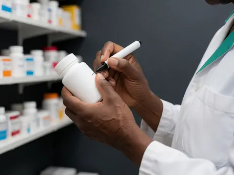 Un pharmacien en blouse blanche applique une étiquette sur une bouteille avec un marqueur noir, devant des étagères de pharmacie.