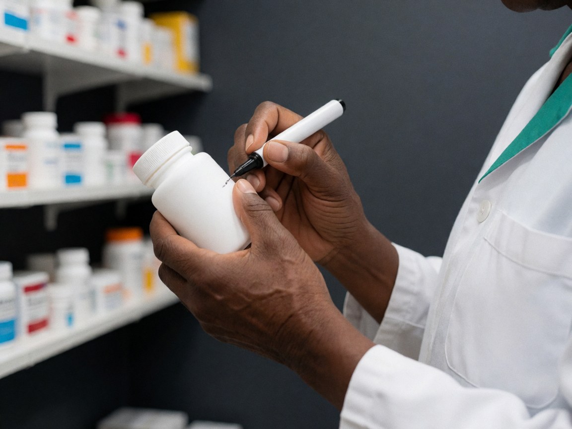 Un pharmacien en blouse blanche applique une étiquette sur une bouteille avec un marqueur noir, devant des étagères de pharmacie.