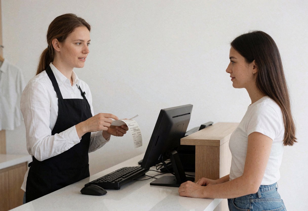 Une caissière explique la politique de retour à une cliente tenant un reçu, devant un ordinateur et une caisse enregistreuse dans un environnement professionnel.
