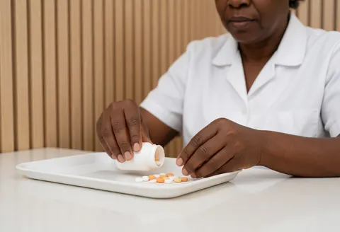 Un pharmacien compte des pilules sur un plateau pour assurer la précision du service en pharmacie.