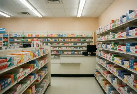Vue intérieure d'une pharmacie vide et propre avec étagères de médicaments, un comptoir et un éclairage fluorescent sur des murs beige.