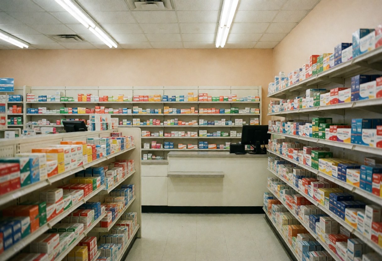 Vue intérieure d'une pharmacie vide et propre avec étagères de médicaments, un comptoir et un éclairage fluorescent sur des murs beige.