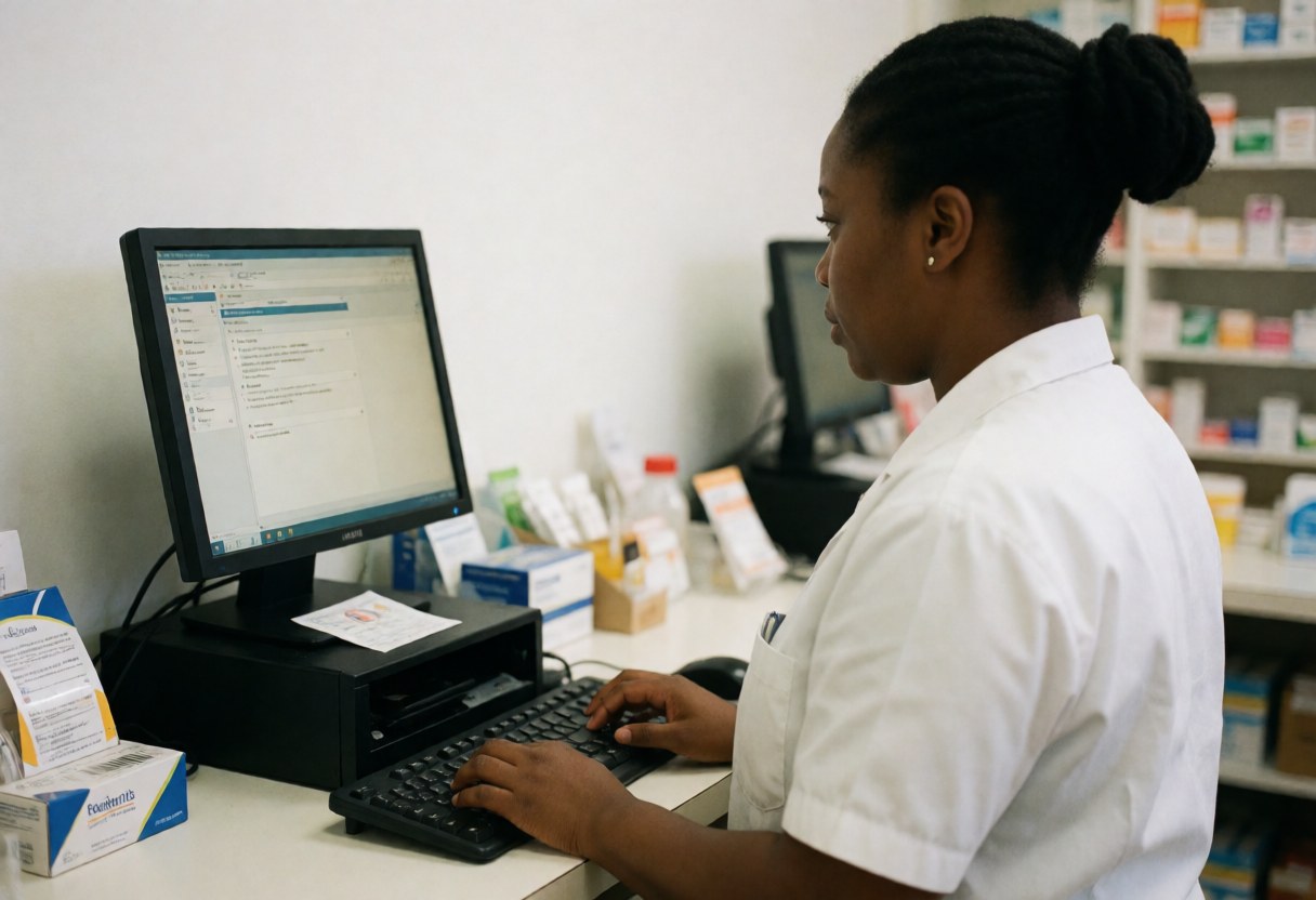 Une pharmacienne travaille sur un ordinateur derrière le comptoir d'une pharmacie avec des médicaments visibles.