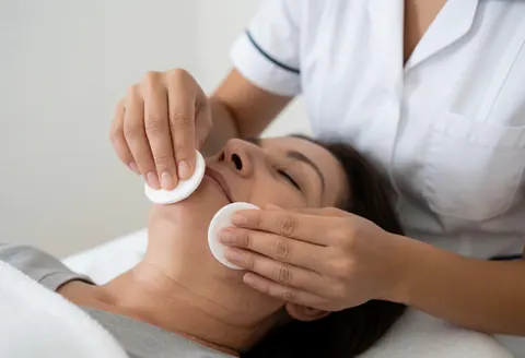 Esthéticien effectuant un soin facial approfondi sur une cliente allongée, utilisant des disques de coton pour un traitement relaxant.