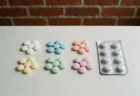 Vue de dessus montrant des médicaments soigneusement alignés sur une surface plane, incluant des boîtes et des emballages variés.