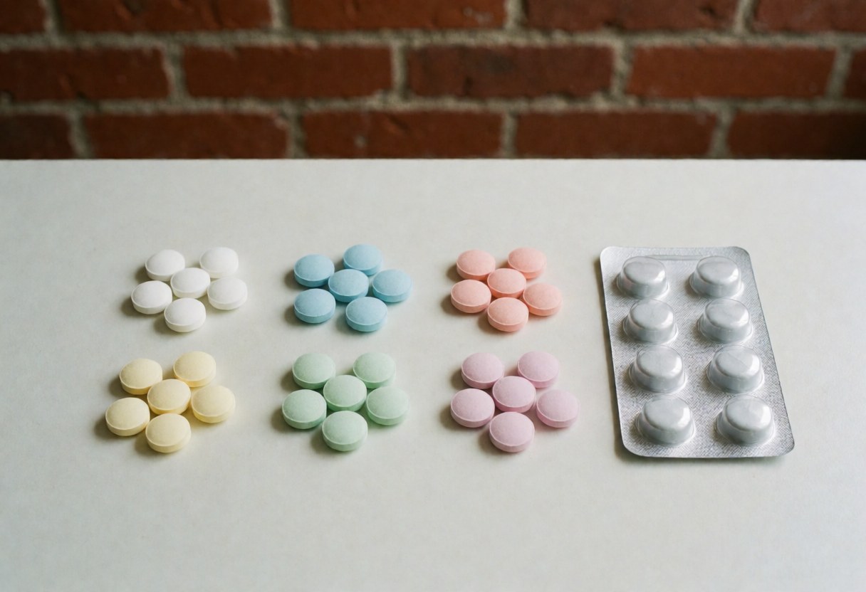 Vue de dessus montrant des médicaments soigneusement alignés sur une surface plane, incluant des boîtes et des emballages variés.